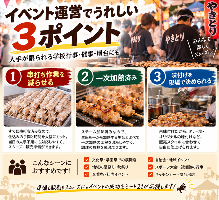 業務用焼き鳥 イベント運営 串打ち済み 加熱済み 未味付け