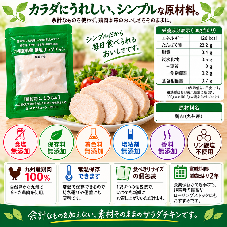 常温サラダチキン栄養成分 100gあたり126kcal たんぱく質23.2g 糖質0g
